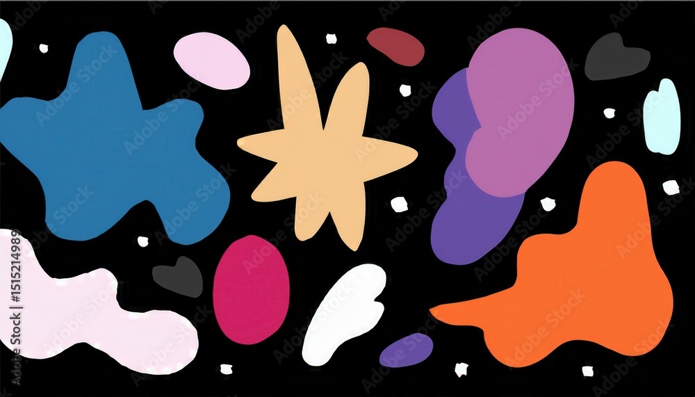 Aufkleber abstract colorful blob shapes on black background with playful modern design elements for web graphic, poster art, brand identity, or children's product illustration

