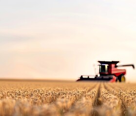 Fototapeta premium Combine harvester working in a golden wheat field at sunset. Agriculture, farming, harvesting, rural landscape concept.