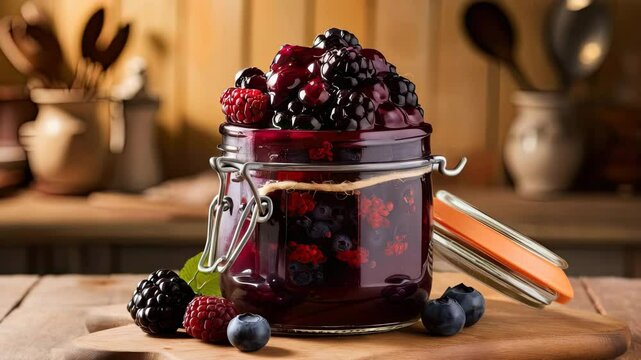 A glass jar filled with fresh mixed berries displays vibrant colors and textures in a cozy kitchen setting.