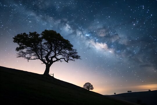 Golden sunset over a mountain silhouette, with a lone tree against the dusk sky and rising moon - Powered by Adobe