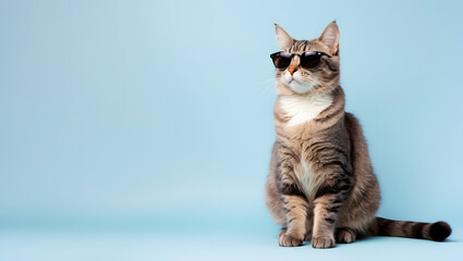 A cool-looking striped cat with glasses is sitting on a blue background. AI-Generated