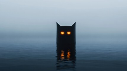 A dark, towering figure with illuminated eyes emerges from serene water on a foggy evening. The atmosphere is eerie yet captivating, drawing attention to its mysterious presence