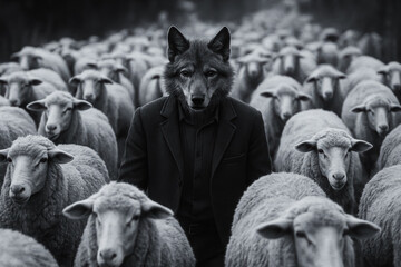 A wolf in a suit walks confidently among sheep, representing deception, leadership, and hidden threats in a surreal grayscale image. Generative AI