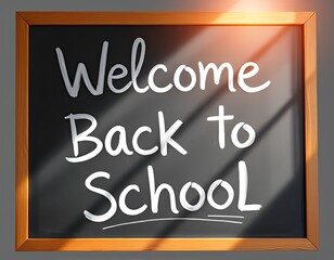Chalkboard with handwritten white text Welcome Back to School in a warm sunlit classroom setting. Perfect for education-themed designs and back-to-school promotions