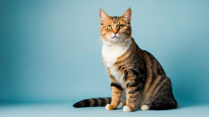 A striped cat with an enthusiastic expression is sitting in front of a blue wall. AI-Generated