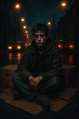 Fototapeta premium Homeless man sitting in street at night, cold and lonely under city lights. generative AI