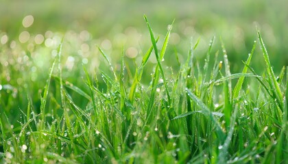 Obraz premium Fresh morning dew. Fresh grass with dew drops close up