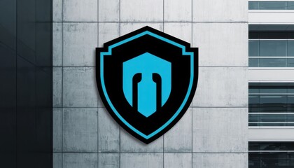 Modern emblem displayed on a concrete wall in an urban setting during daylight hours
