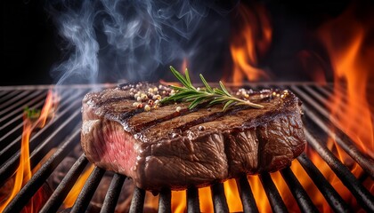 beef steak on the grill with smoke and flames