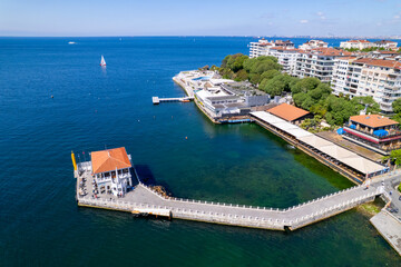 Moda District in Kadikoy. Istanbul, Turkey. Beautiful aerial view with drone shot.