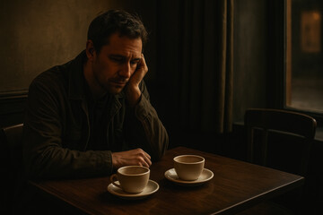 Man alone at table with two coffee cups, lost in thought in dim café, generative AI