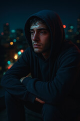Man in hoodie sitting alone on rooftop at night, city lights blur behind, generative AI