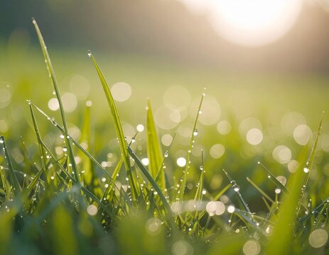 Fresh morning dew. Fresh grass with dew drops close up