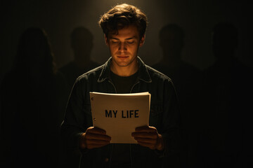 Young man reading script titled “My Life” under spotlight, self-reflection moment, generative AI