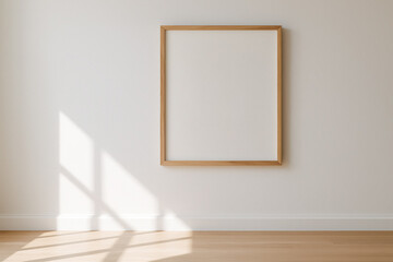 Wooden picture frame on white wall in sunlit minimalist room, generative AI