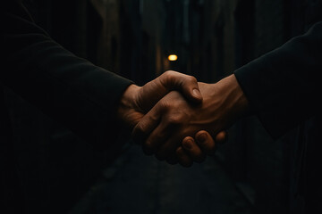 Two hands firmly shake in a dim alleyway, symbolizing trust, deals, and secret agreements in a moody urban setting. Generative AI
