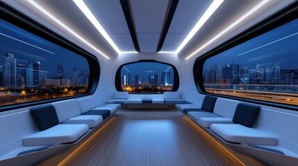 Fototapeta premium A sleek transportation pod features spacious seating and large panoramic windows showcasing a vibrant city skyline illuminated at night. The interior is designed for comfort and efficiency