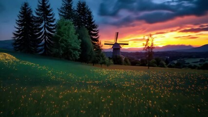 Windmill silhouette at dusk over field with orange lights and cloudy sky landscape view scene