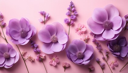 Fototapeta premium delicate purple flowers with varying petal shapes on a soft pink background