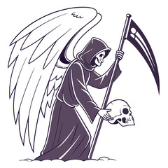 Adobe Illustrator Artwork An angel of death with wings and a scythe in a bony hand. Scull. Halloween.  Vector.