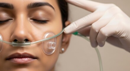 Close-up oxygen therapy, nasal cannula: health, breathing treatment, medical procedure and patient care