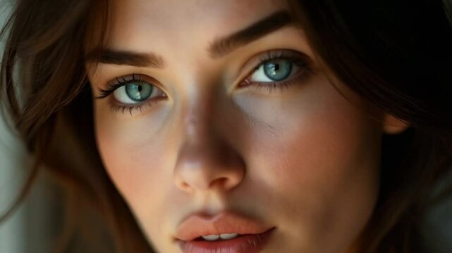 Close-up camera zoom in on face of young beautiful woman with expressive look of beautiful eyes