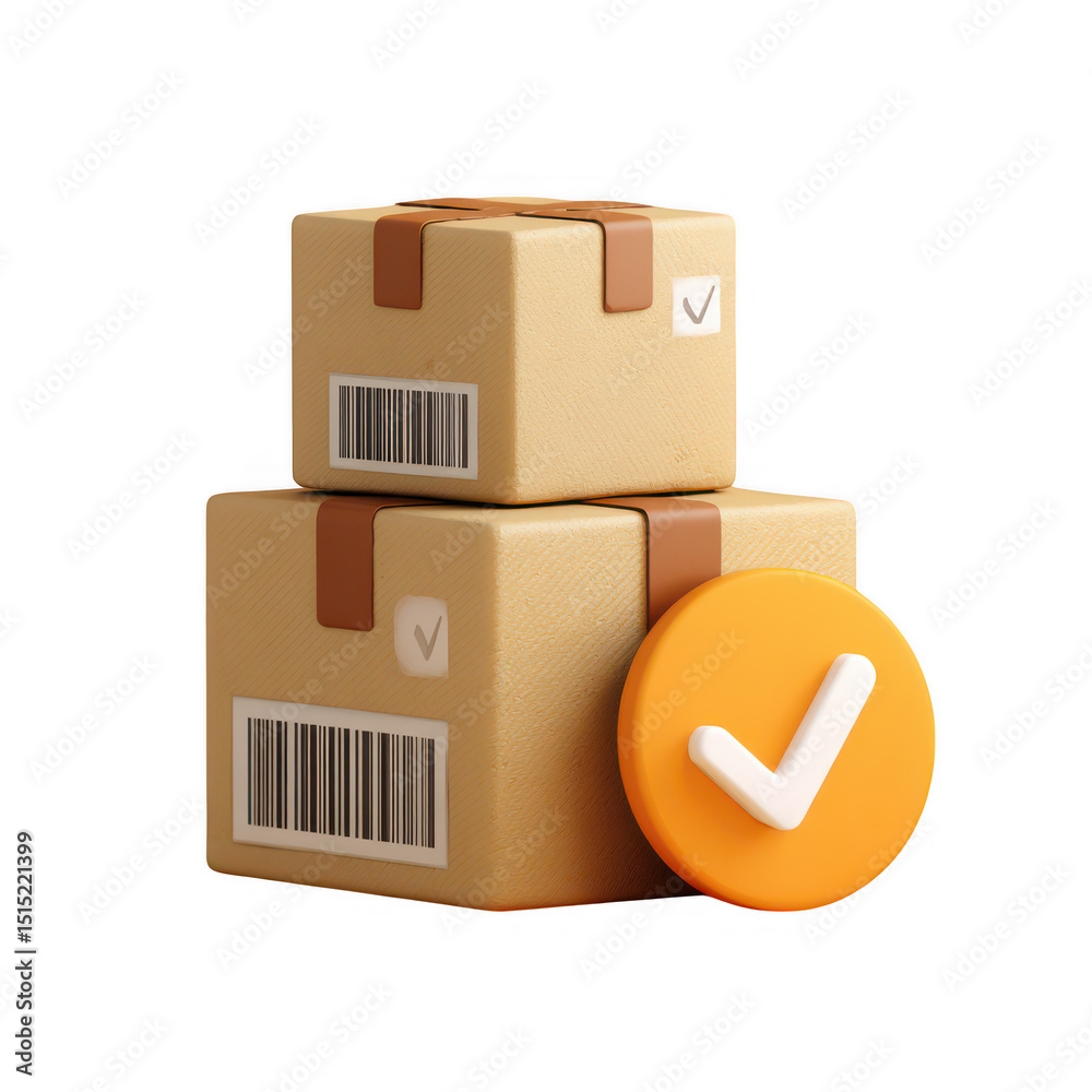 Fototapete 3d rendered cardboard boxes with checkmark isolated on transparent background