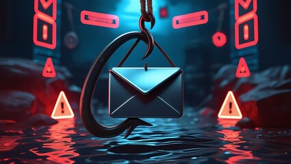 Phishing Email Trap: A 3D Render of an Email as Bait on a Hook in a Dark, Mysterious Digital Setting