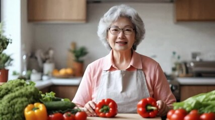 Senior woman with smile preparing vegetables in cozy kitchen
- Powered by Adobe