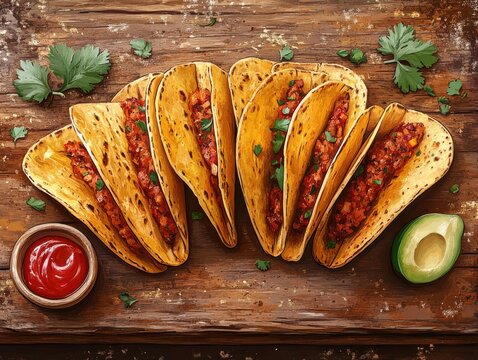 Colorful Mexican Tacos with Fresh Ingredients and Avocado on Wooden Table