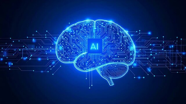Glowing AI brain with circuitry and network of blue connections