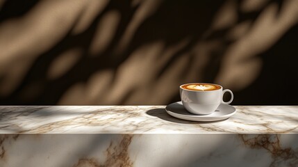 A white ceramic cup filled with cappuccino topped with latte art sits on a matching white saucer. The cup is placed on a marble surface with brown background.
