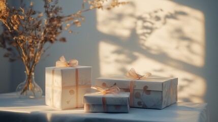 White gift boxes adorned with delicate pastel ribbons, arranged on a white table. Dried flowers in a transparent vase on the background, softly lit by natural sunlight and shadows on the wall.
