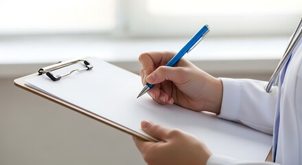 Doctor writing medical report on clipboard with pen, health concept
