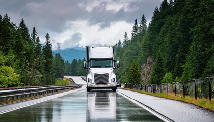 modern white semi truck drives along wet highway surrounded by lush green trees and serene lake evoking sense of adventure and freedom