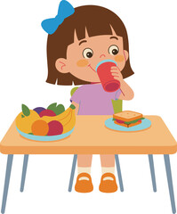 Adorable Girl Enjoying Healthy Lunch with Fruits, Sandwich, and Juice at a Table – Colorful Cartoon Illustration for Kids' Nutrition and Education Themes