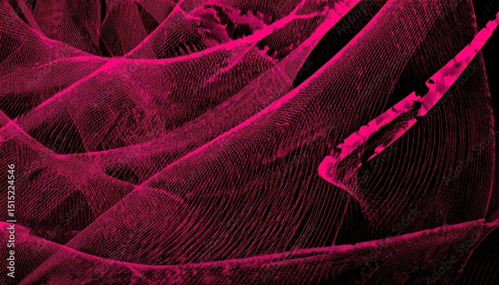 Poster vibrant magenta mesh pattern resembling abstract wave structure on black background for futuristic web design, digital art, print, branding, and technology themed visual identity

