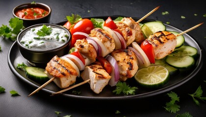 chicken souvlaki skewers with tzatziki and fresh vegetables grilled to perfection