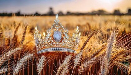 a royal crown of a princess adorned with white diamonds and placed in a ripe field od wheat