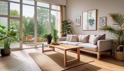 bright and airy living room featuring light brown wooden table large windows and potted plants that enhance natural ambiance space exudes tranquility and modern design