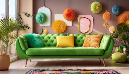 whimsical interior with a unique green sofa playful decor and vibrant color palette