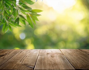 wooden table and blurred nature background with tree branch