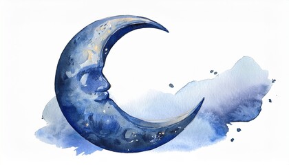 hand drawn watercolor illustration of a crescent moon isolated on a white background
