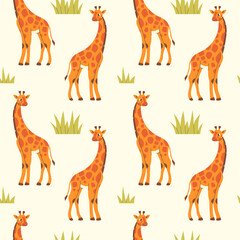 Obraz premium Giraffes in flat style on light background seamless pattern