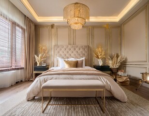 elegant beige bedroom interior design with gold accents