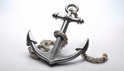rustic silver anchor with twisted rope detail on a white background