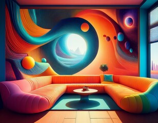 surreal interior design windows flung open to reveal a cosmic void distorting modular couches and casting abstract shadows in layered colored fields
