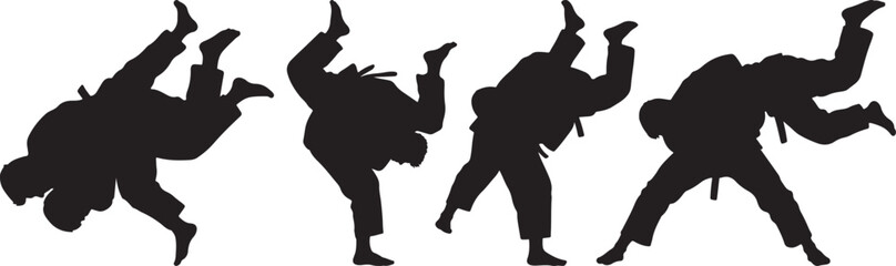 Martial Arts Techniques Featuring Judo, Karate, Taekwondo, Aikido, Capoeira, Combat Moves, Dynamic Fighting Silhouettes, Self-Defense Training and Athlete Performance