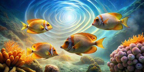 Naklejka premium Oceanic Fish Gathering in a Whirlwind of Light and Color, Encircled by Vibrant Coral Reef Life