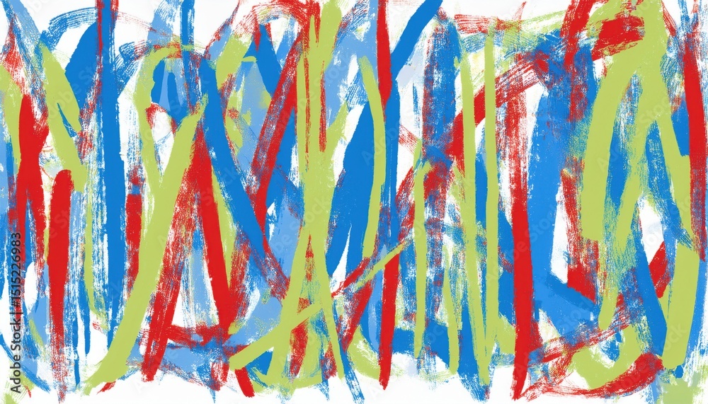 Poster dynamic abstract crayon strokes in red blue green and yellow over white background for expressive mo